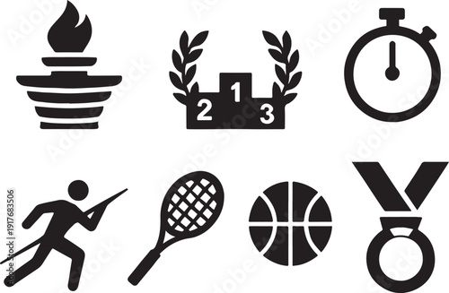 International sports competition icon set with championship event symbols and athletic tournament pictograms vector EPS.