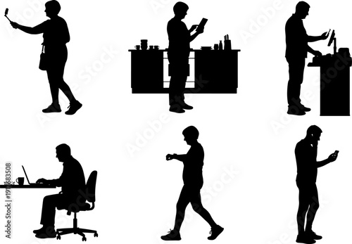 Seniors Using Technology Silhouettes Vector Illustration - Active Aging Flat Design