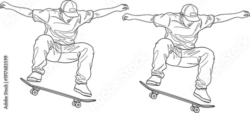 Skateboarder Performing Ollie Trick Line Art Illustration with Urban Street Skater in Action for Sports Design, Youth Culture, and Extreme Activity Graphics