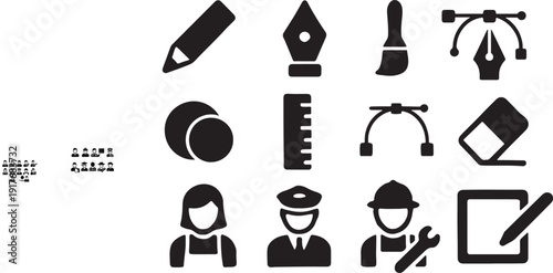 Illustration tools combo icon set with drawing instruments and creative design elements vector EPS.