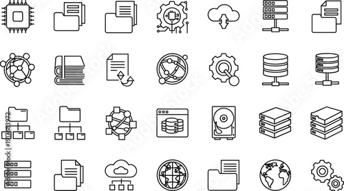 Cloud Computing and Data Center Line Icon Set with Server, Database, Network, Storage, Folder, Security, and Technology Infrastructure Symbols for Web Design