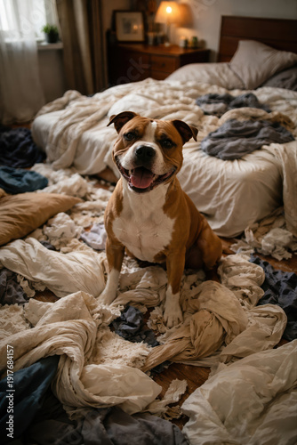 Happy brown and white dog sitting on messy unmade bed surrounded by torn sheets and stuffing in cozy bedroom with warm lighting.
