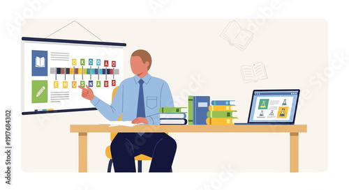 Man teaching with whiteboard, laptop, and books on desk