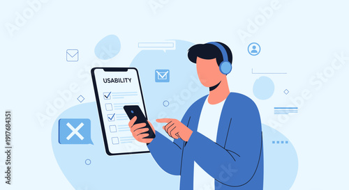 Man with headphones using smartphone, checklist on tablet, user experience concept illustration