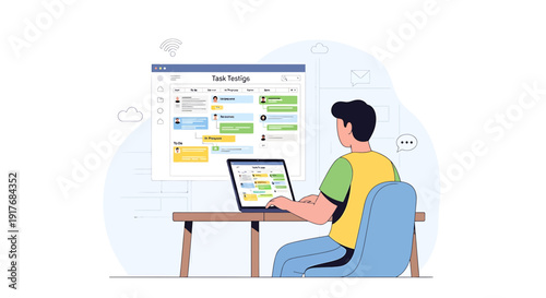 Man working on a project management software on laptop, task strategy plan