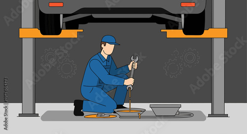 Mechanic Fixing Car Under Lift with Tools and Gears Illustration