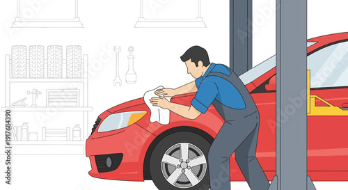Mechanic Polishing Red Car in Garage with Tools and Car Lift
