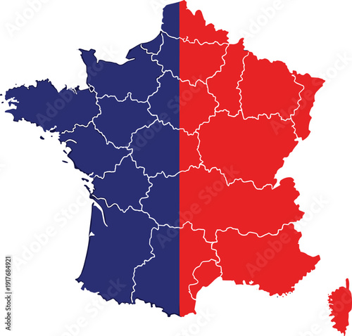 France Political Map Divided into Red and Blue Regions with Administrative Borders, Election Results Concept, Geographic Vector Illustration Design