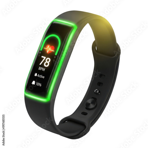 Modern fitness tracker displaying heart rate and activity data isolated on transparent background