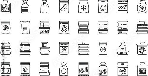 Food Packaging and Grocery Container Line Icon Set with Bags, Jars, Boxes, and Plastic Pouches Outline Symbols for Retail and Product Design