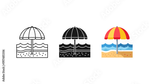 Three colorful beach umbrellas with striped patterns on white sand under bright sunlight summer vacation concept