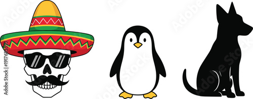 Cartoon Character and Animal Icon Set with Mexican Skull in Sombrero, Cute Penguin, and Dog Silhouette Vector Illustrations