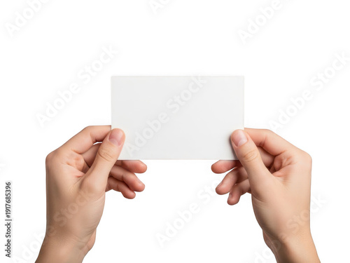 Hands holding a blank white card isolated on transparent background