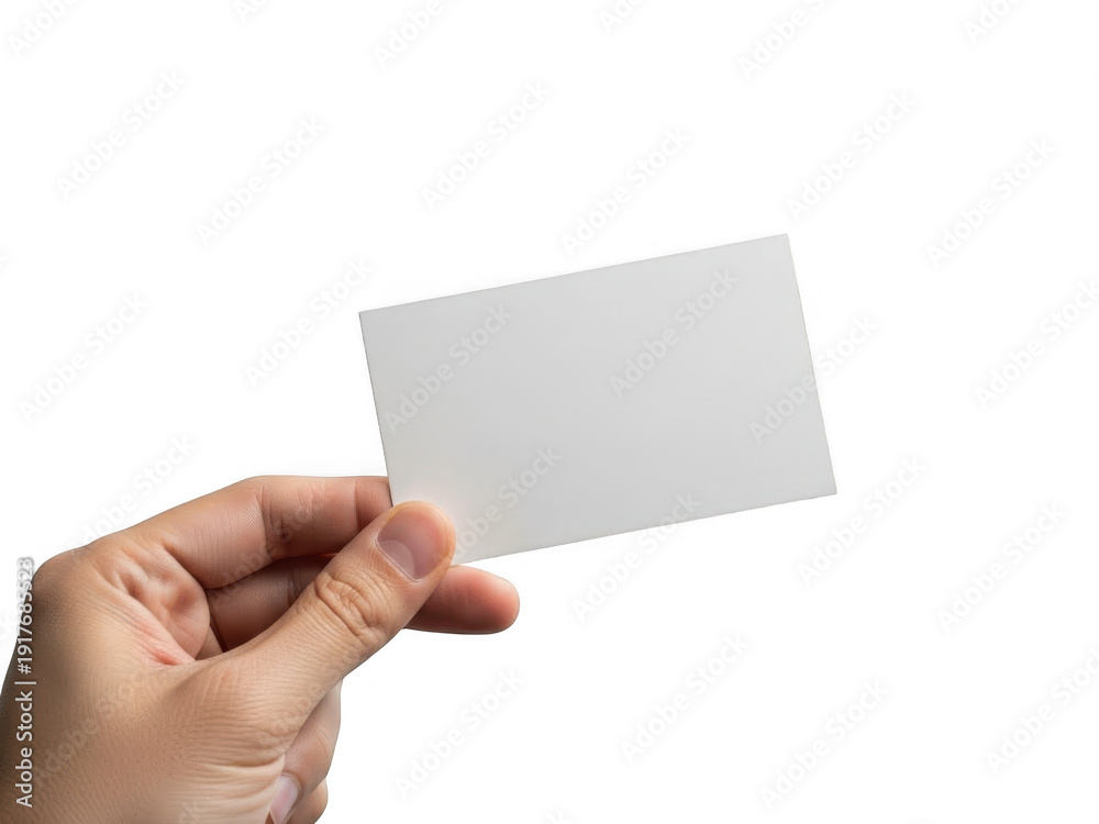 Fototapeta premium A hand holding a blank white card isolated on transparent background