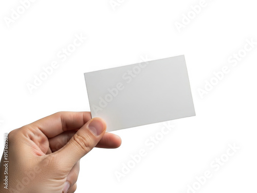 A hand holding a blank white card isolated on transparent background