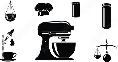 Baking and Kitchen Equipment Solid Icon Set with Stand Mixer, Chef Hat, Measuring Scale, Coffee Cup, and Ingredient Symbols for Culinary Design