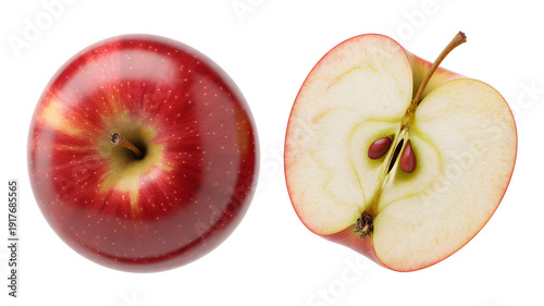 A red apple and a sliced red apple on a white background