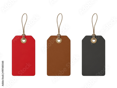 Colorful blank tag labels in red, brown, and black isolated on transparent background