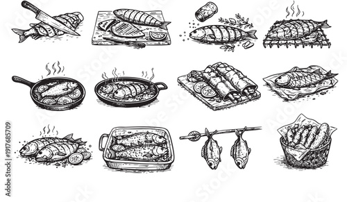 A collection of various fish dishes, methods of preparation, and cooking styles in black and white line art. For menus, recipes, or culinary themes.