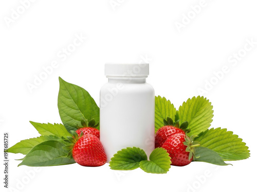 White supplement bottle surrounded by strawberries and green leaves isolated on transparent background