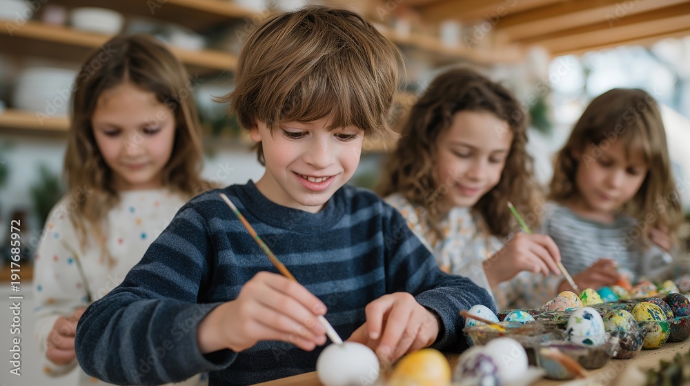 Fototapeta premium Charming Easter 2026 egg painting party in a sunlit kitchen, filled with kids enthusiastically crafting their unique designs surrounded by eclectic paints and joyful laughter. A cozy, inviting