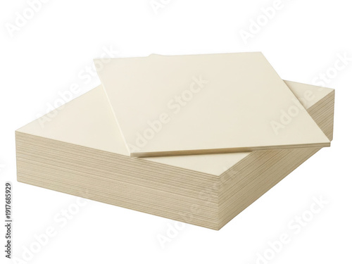 Stack of beige blank notecards with envelopes isolated on transparent background