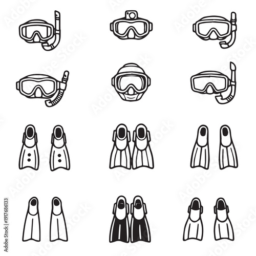 Vector illustration featuring various diving gear including snorkels, masks, and fins. Each item is shown in multiple simple black and white designs, ideal for water sports themes.