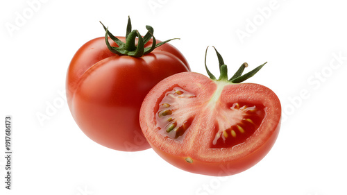 A vibrant red tomato and a halved tomato showcasing its juicy interior on a clean white background