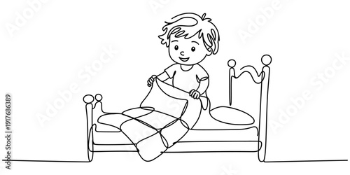 A simple line drawing of a young boy making his bed by pulling up a checkered blanket carefully.