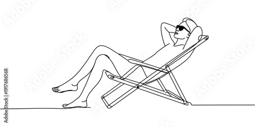 Minimalist continuous line drawing of a person relaxing in a deck chair wearing sunglasses