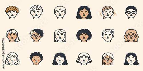 Simple Modern Avatar Icon Set – Minimal Line Art Faces Collection