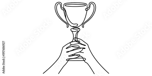 Continuous line drawing of two hands holding a trophy cup high in the air for victory.