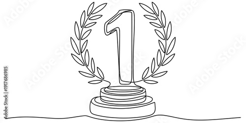 Continuous line drawing of a number one trophy with a laurel wreath on a pedestal for first place