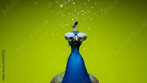 Humorous close-up photograph features a majestic blue peacock wearing reflective aviator sunglasses while sparkling glitter rains down creating a festive and quirky avian portrait.