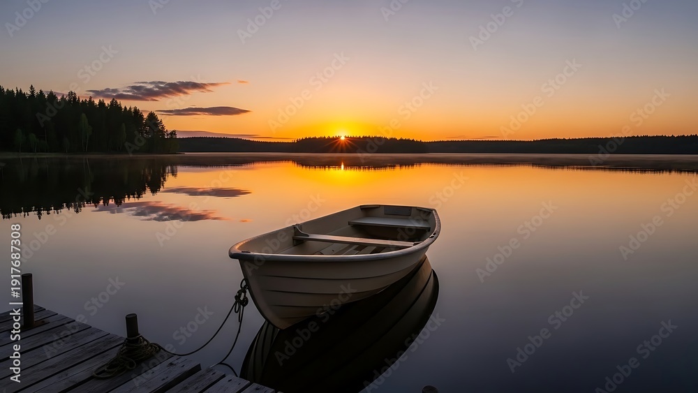 Fototapeta premium Serene lake scene with small boat at sunset