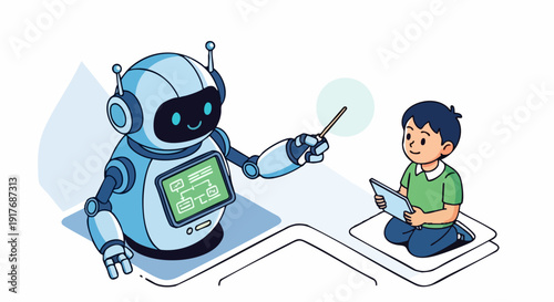 Friendly robot instructor teaching technology and coding concepts to young student