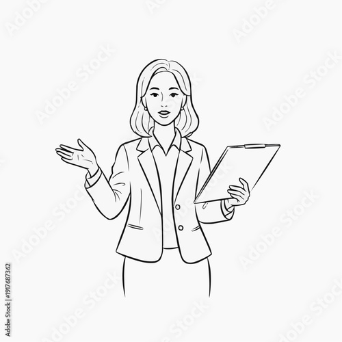 Professional woman presenting with open arms and a document in hand isolated on white background, Vector