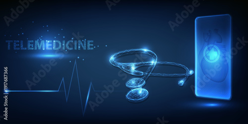 Vector illustrations of telemedicine medicine technology background with heart,medicine logo,pulse wave,smart phone and stethoscope.
