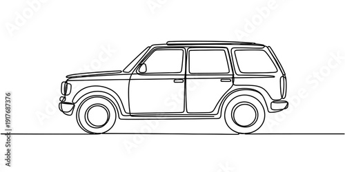Minimalist continuous line art illustration of a sport utility vehicle from the side.