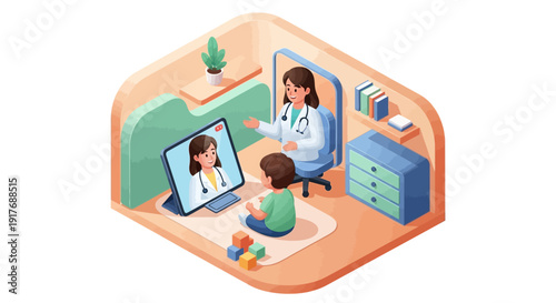 A young child receives a convenient online medical consultation from a friendly doctor via video call on a tablet, illustrating modern telehealth services.