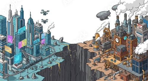Isometric vector illustration depicting a stark contrast between a futuristic city and an industrial steampunk town separated by a deep chasm. The modern city features sleek skyscrapers, drones