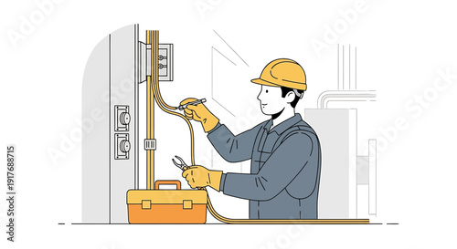 Electrician installing wires and cables in electrical panel, toolkit