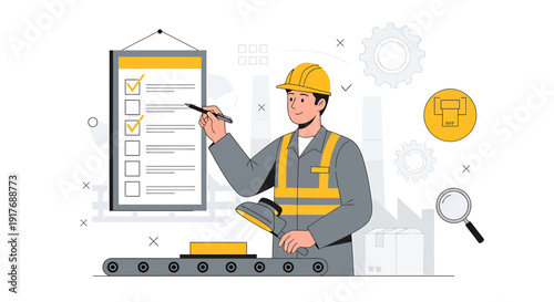 Factory Worker Checks Quality List on Conveyor Belt with Gear Icons