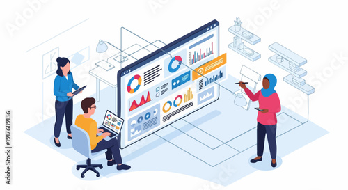 Data analysis and business intelligence isometric vector illustration. Three diverse people collaborate around a large screen displaying various charts, graphs, and data visualizations