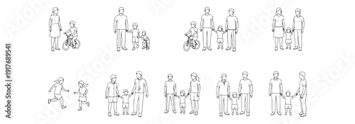 Minimalist Family Vector Illustration, Thin Line Art of Parents and Children Holding Hands, Walking and Playing, Human Scale Figures for Architectural Sections, Elevations and Design Projects