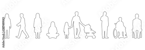 Minimalist outline collection of diverse people in daily activities, walking, sitting, family with stroller, person in wheelchair and using phone, simple human silhouettes isolated on white background