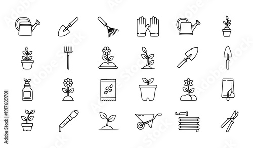 Gardening line icon set vector monochrome garden tools plants isolated on transparent background