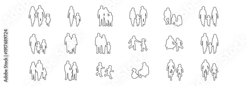 Outline Family Vector Set with Parents and Children, Flat Line Icons of People Walking, Playing, and Cycling, Minimalist Human Figures for Architectural Floor Plans, Site Maps