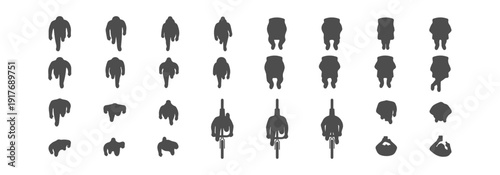 Top View People Silhouette Vector Set, Overhead Human Figures Walking Sitting and Cycling, Minimalist Flat Line Icons for Architectural Floor Plans, Site Maps, Urban Design