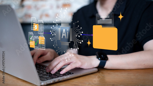 Person using AI artificial intelligence data report document information research file summary technology innovation management concept